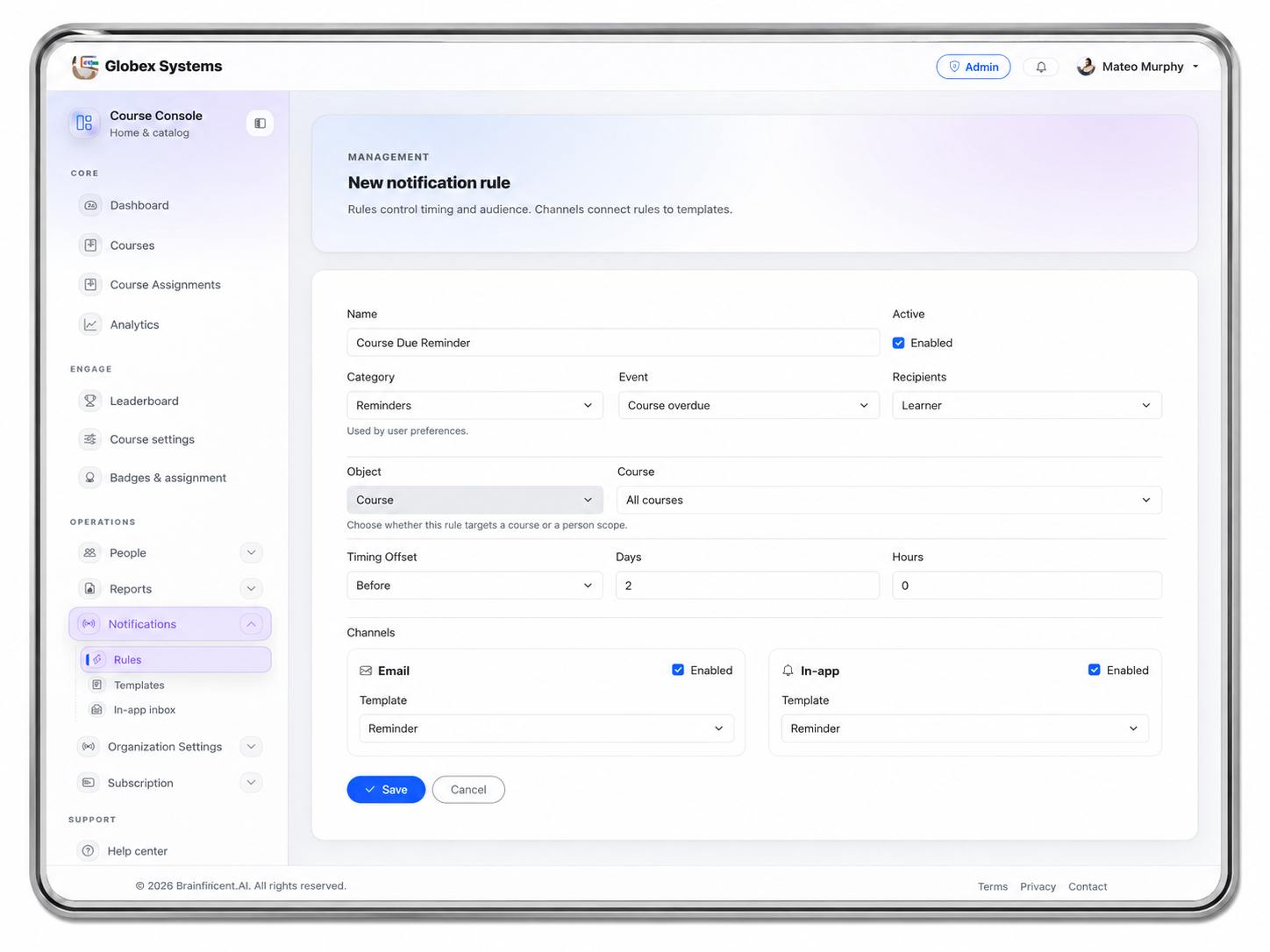 Brainificent LMS product interface placeholder