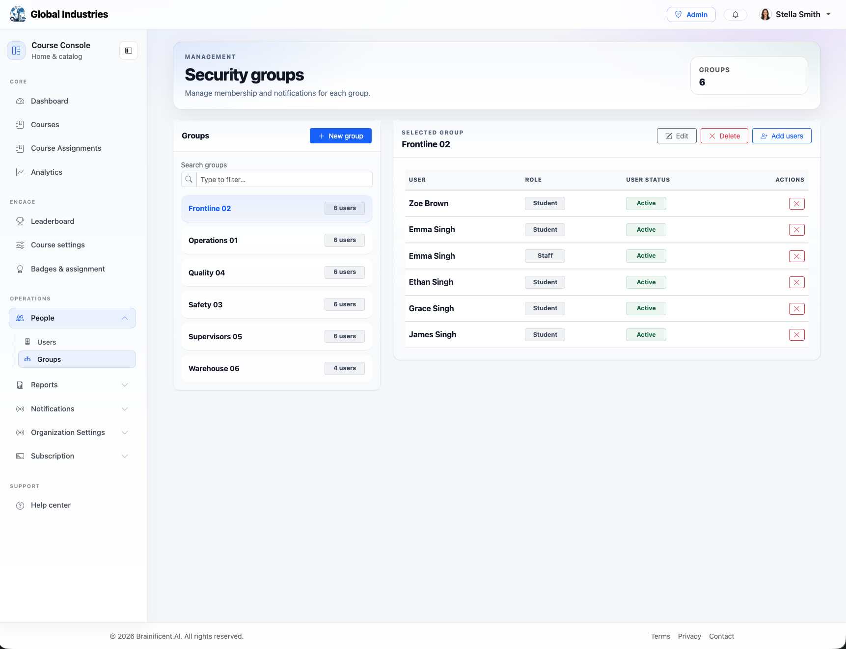 Brainificent security groups screen