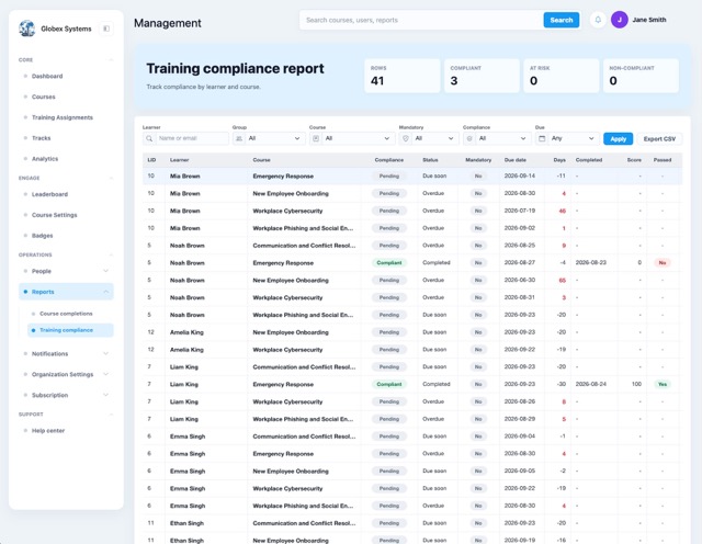 Brainificent compliance reporting dashboard